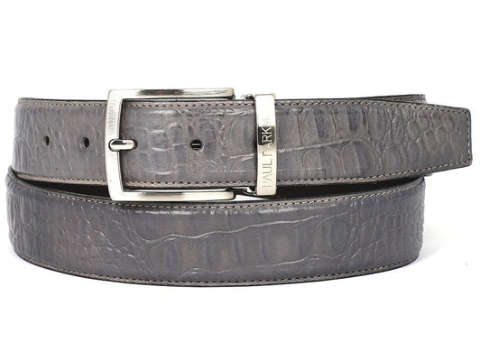 The Paul Parkman Crocodile Embossed Calfskin Leather Belt in hand-painted gray, known as the B02-GRY model, features a subtle embossed brand name and a silver buckle. This accessory merges elegance with exceptional craftsmanship for the discerning fashion aficionado.