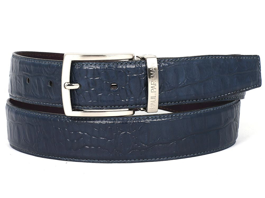 The Paul Parkman Crocodile Embossed Calfskin Leather Belt in Hand-Painted Navy features a sophisticated crocodile texture, complemented by a silver buckle and the Paul Parkman brand engraving on the side. This elegant accessory is made-to-order, ensuring each piece is uniquely tailored to your style.