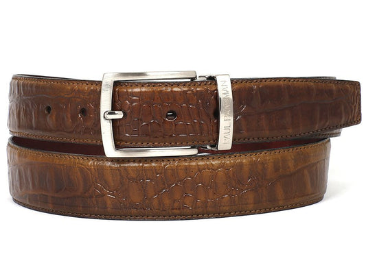 Paul Parkman offers a meticulously crafted olive hand-painted, crocodile-embossed calfskin leather belt featuring a sophisticated silver buckle.