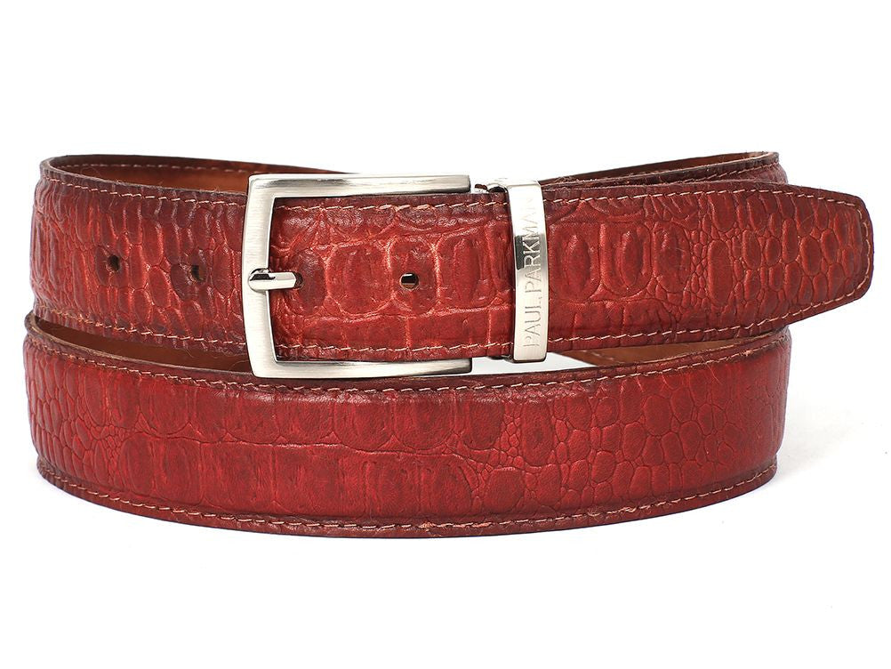 Introducing the Paul Parkman Croc Embossed Calfskin Belt in Reddish - B02-RDH, a handcrafted piece with a silver buckle and textured brown leather.