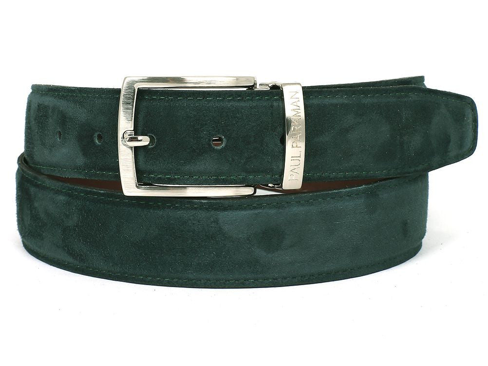 The Paul Parkman Green Suede Belt (B06-GREEN) by Paul Parkman is a meticulously crafted, hand-painted item featuring a silver buckle and engraved logo, providing a bespoke experience.