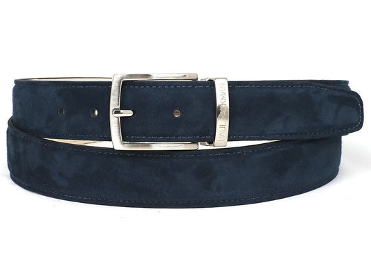 A navy suede belt by Paul Parkman, model B06-NAVY, showcases a hand-painted finish and features a silver buckle alongside a small silver loop engraved with text.