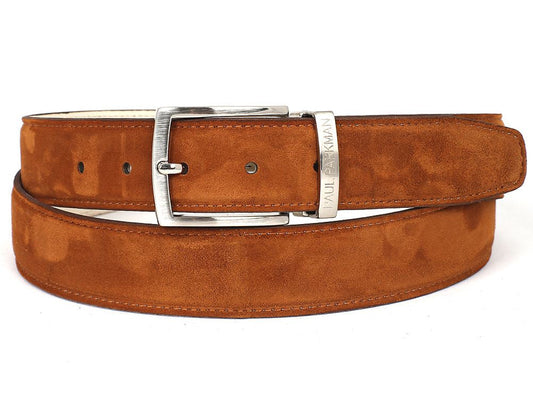 Paul Parkman Tobacco Suede Belt - B06-TABA features a silver buckle and three visible holes, crafted as a made-to-order accessory to ensure perfect fit and style.