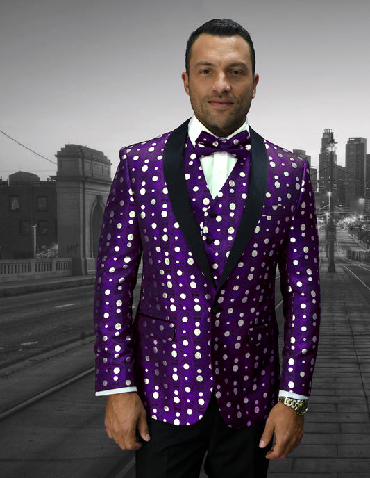 A man wearing Statement Clothing's BELAGIO13-PURPLE stands confidently in a tailored fit against a grayscale urban backdrop.