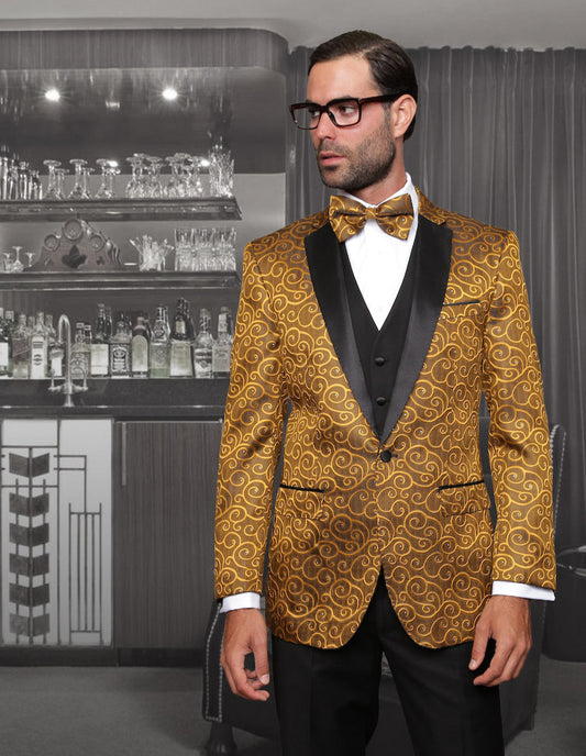 A man in a slim fit suit from Statement Clothing's BELLAGIO-GOLD collection, complemented by a bow tie, stands gracefully in front of a bar with glasses and bottles, exuding Bellagio style elegance.