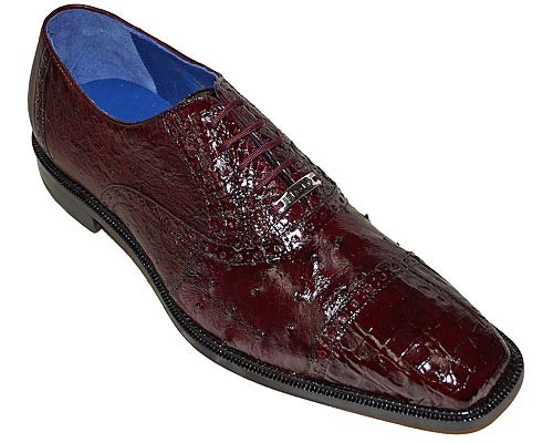 The Belvedere - Onesto II shoe is a burgundy genuine ostrich and Caiman Crocodilus leather dress shoe, featuring a stylish textured design, black sole, and blue leather lining.