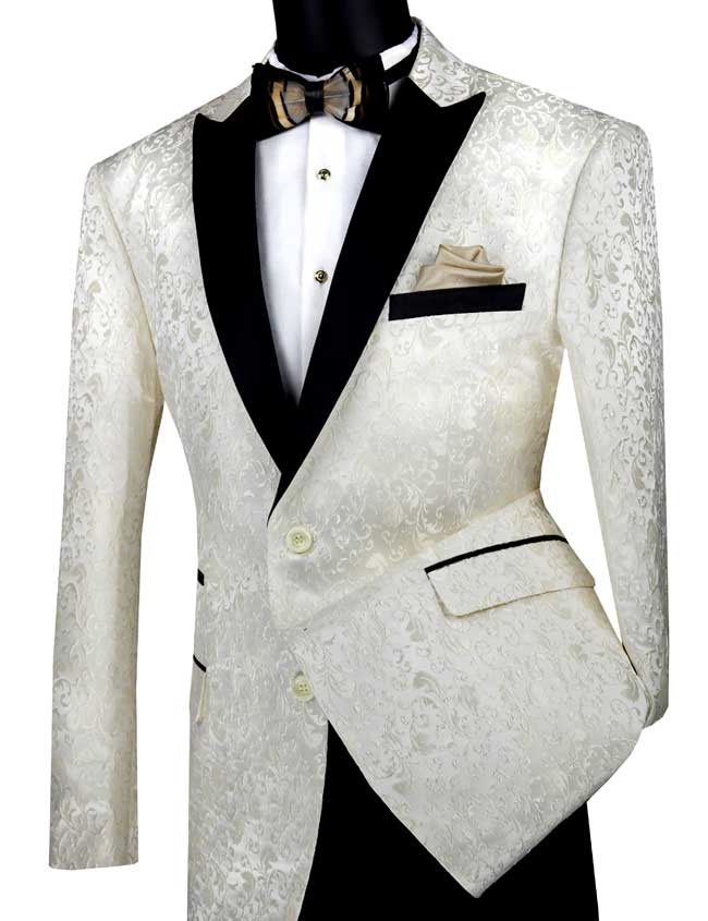 An ivory Vinci Suits BF-2 regular fit jacket featuring a floral pattern and peak lapels, paired with a white shirt, bow tie, and pocket square.