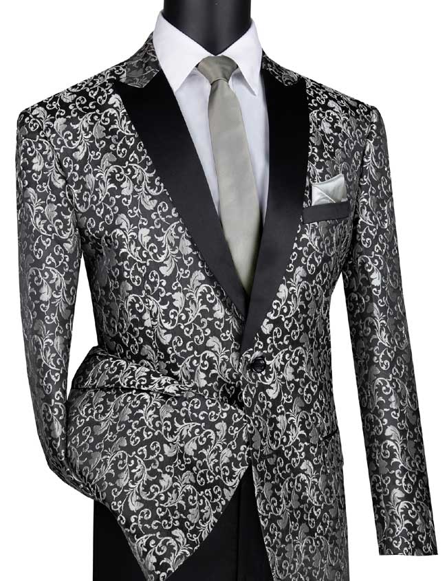 A mannequin wears a Vinci Regular Fit Floral Pattern Jacket with peak lapels in black, paired with a white shirt, gray tie, and a light green pocket square.