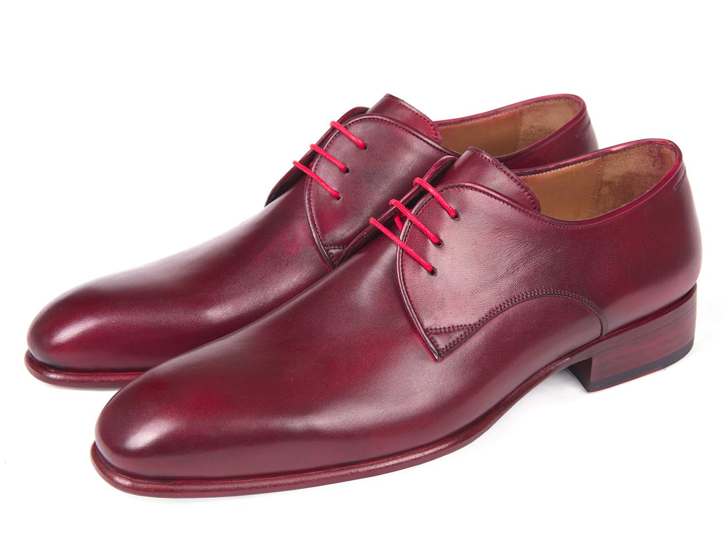 The Paul Parkman Burgundy Hand Painted Derby Shoes - 633BRD72 feature a polished burgundy leather finish with red laces, showcasing a classic derby design and low stacked heels. These made-to-order shoes from Paul Parkman are crafted with a luxurious calfskin upper and meticulous craftsmanship, ensuring both style and comfort with every step.