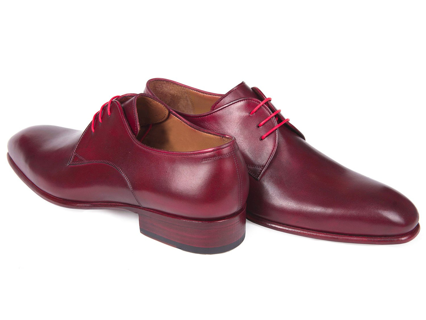 The Paul Parkman Burgundy Hand Painted Derby Shoes - 633BRD72 feature a polished burgundy leather finish with red laces, showcasing a classic derby design and low stacked heels. These made-to-order shoes from Paul Parkman are crafted with a luxurious calfskin upper and meticulous craftsmanship, ensuring both style and comfort with every step.