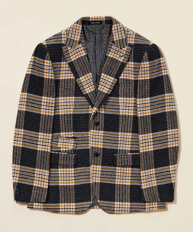 The Inserch Glenn Check Blazer BL257-50 in charcoal, featuring a black, yellow, and white plaid wool blend with a modern fit, notched lapel, and two front pockets, is displayed against a plain background.