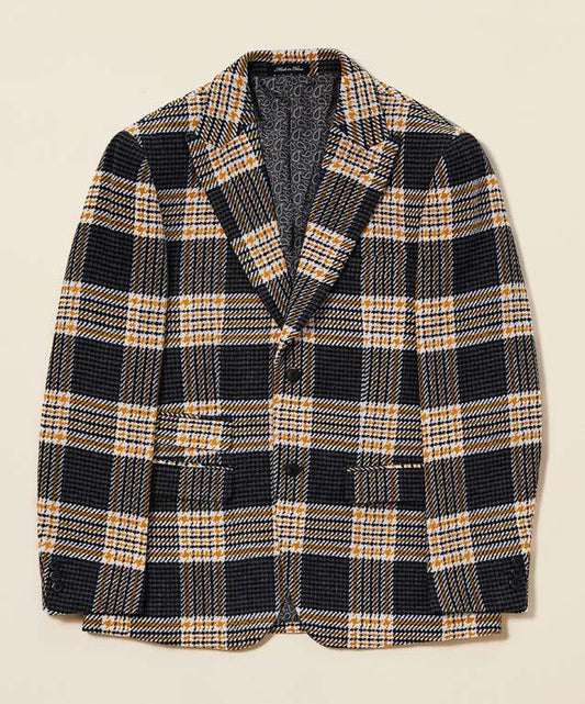 The Inserch Glenn Check Blazer BL257-50 in charcoal, featuring a black, yellow, and white plaid wool blend with a modern fit, notched lapel, and two front pockets, is displayed against a plain background.