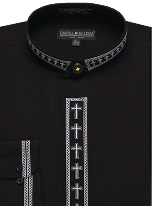 The Daniel Ellissa Banded Collar DS2005-C Black/White shirt showcases a striking decorative white cross stitching along the button line and collar, adding a unique touch to its classic black design.