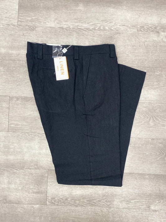 Inserch Premium Linen Flat Front Pants P3116 in black, featuring an attached tag, showcasing a sophisticated casual style, displayed on a wooden floor.