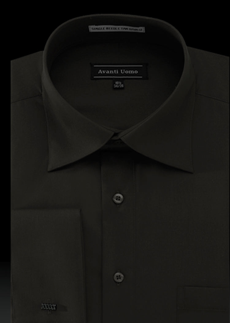 Dark green dress shirt with a folded collar and button-up front, featuring a pocket on the left chest area and an "AVANTI UOMO" label inside the collar.