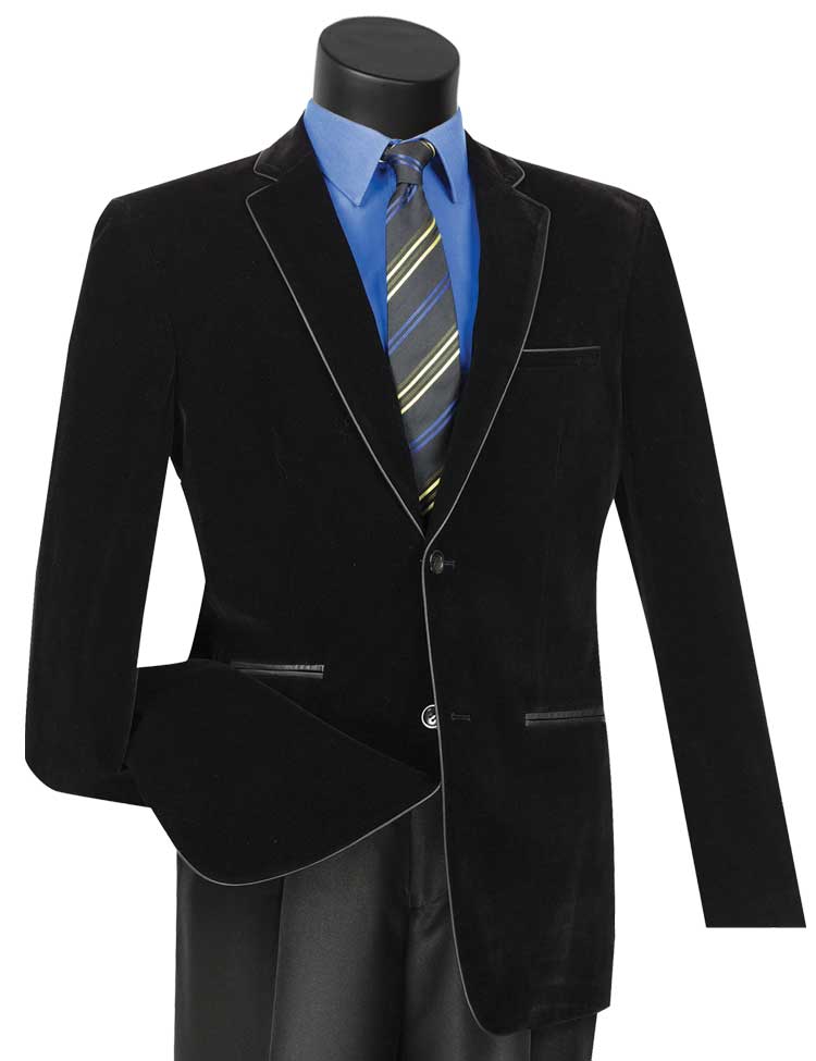 A mannequin showcases the Vinci Slim Fit Velvet Sport Coat (Black) BS-02 with white piping from Vinci Suits, elegantly paired with a blue shirt and a striped tie.