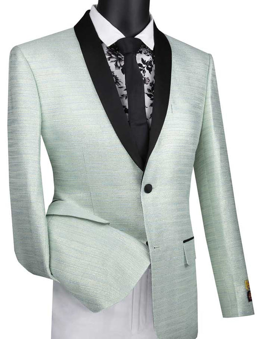 A Vinci Suits slim fit metallic stripe jacket in aqua, featuring a black satin shawl lapel, is paired with a white shirt adorned with black lace detailing and a classic black tie.