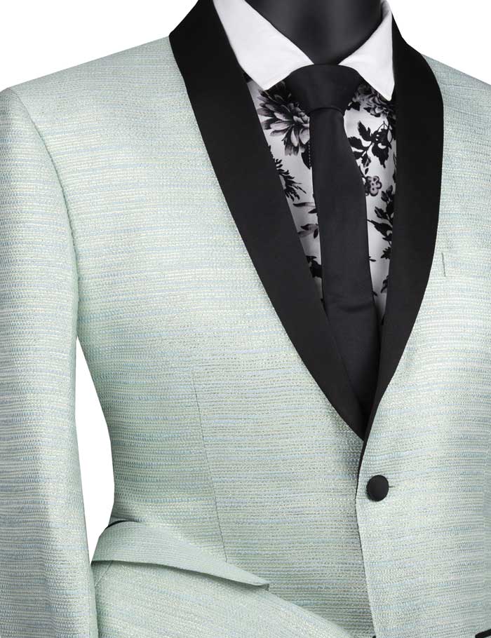 A Vinci Suits slim fit metallic stripe jacket in aqua, featuring a black satin shawl lapel, is paired with a white shirt adorned with black lace detailing and a classic black tie.