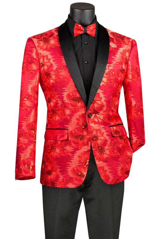 A Vinci Suits creation, the Vinci Slim Fit Embroidered Shawl Lapel with Bow Tie Jacket (Red) BSF-13 features a slim fit design with a red floral pattern and black satin shawl lapels. This striking piece is layered over a black shirt that showcases impeccable embroidery details. A coordinating red bow tie and sleek black pants complete this sophisticated ensemble.