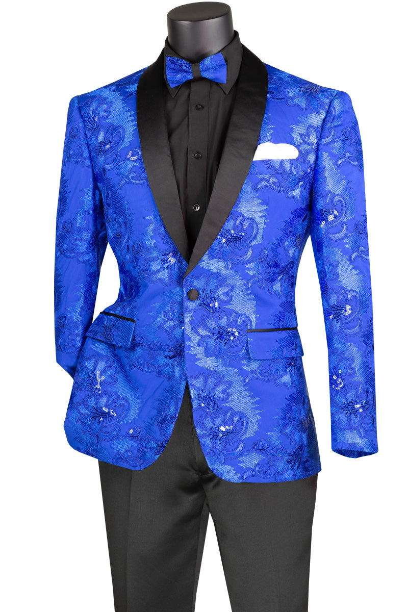 Vinci Slim Fit Embroidered Shawl Lapel with Bow Tie Jacket (Royal) BSF-13