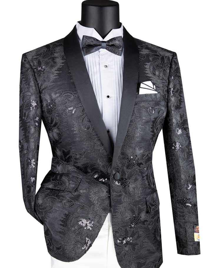 Vinci Slim Fit Embroidered Shawl Lapel with Bow Tie Jacket (Black) BSF-13
