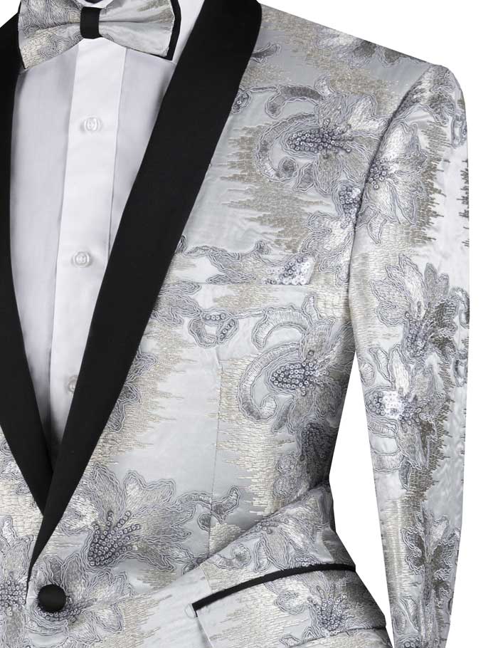 Vinci Slim Fit Embroidered Shawl Lapel with Bow Tie Jacket (Silver) BSF-13