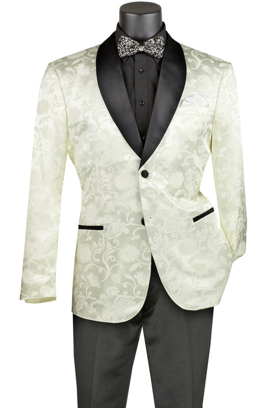 A mannequin showcases the Vinci Slim Fit Silky Jacquard Fabric Sport Coat in ivory from Vinci Suits, complete with black lapels, a sleek black shirt, and a patterned bow tie.