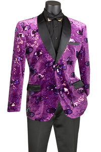Vinci Slim Fit Velvet Sequin Floral Pattern Jacket (Purple) BSQ-4