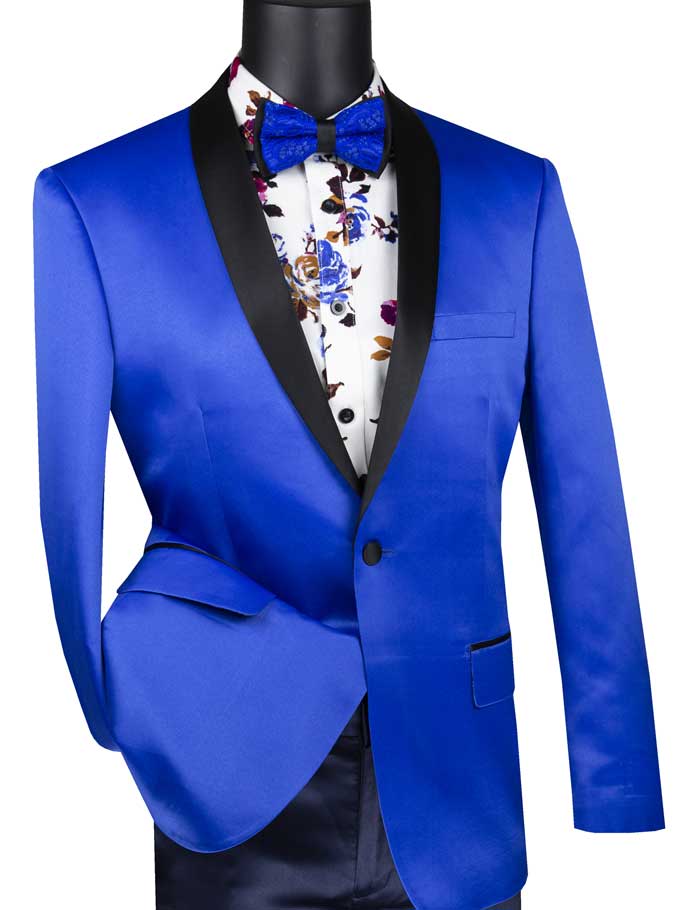 A striking ensemble is presented with the Vinci Slim Fit Sport Coat with Narrow Shawl Lapel in Royal Blue from Vinci Suits, featuring black lapels, paired with a floral shirt and a matching blue bow tie on a mannequin. This sport coat design ensures style while remaining wrinkle resistant for any occasion.