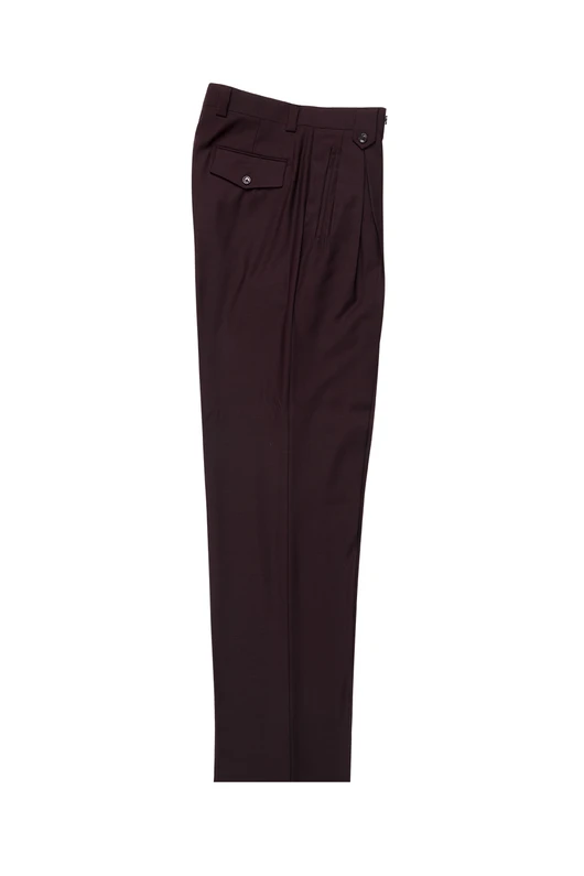 The Tiglio Luxe Burgundy Wide Leg, Pure Wool Dress Pants 2576 boast a side pocket, button closure, and pleated design, expertly crafted from premium wool fabrics. Laid flat on a white background, these trousers seamlessly blend elegance with comfort.