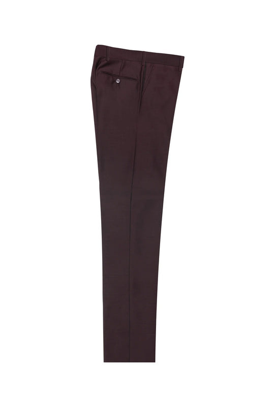 The Tiglio Luxe burgundy dress pants, crafted from pure wool, are displayed on a white background, highlighting their sleek modern fit and flat front design.