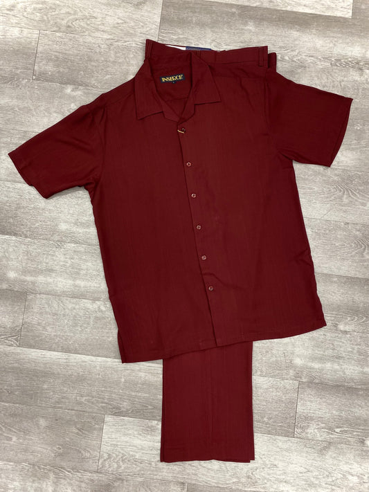 The Inserch 2pc 9356 Burgundy set, consisting of a microfiber short-sleeve button-up shirt and matching pants, is laid out on a wooden floor.