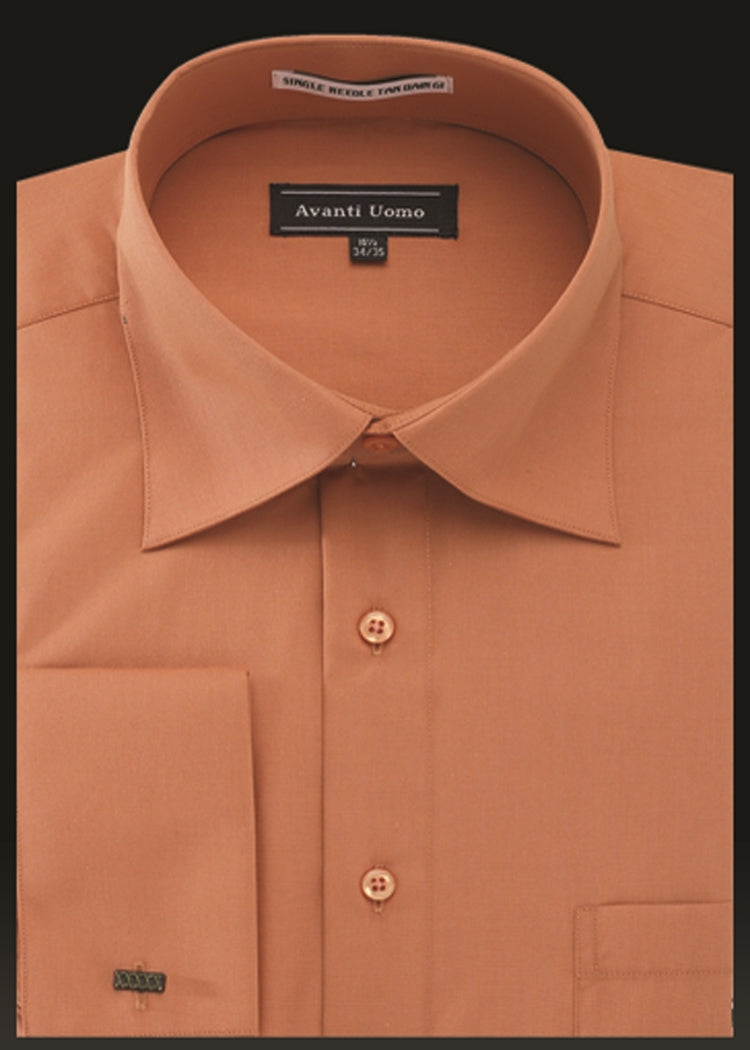 A burnt orange button-up shirt featuring a pointed collar and a front pocket, labeled "Avanti Uomo French Cuff Dress Shirt DN32M.