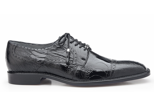 Photographed against a plain white background, the Belvedere - Batta by BELVEDERE is a black genuine ostrich lace-up dress shoe. It features a textured surface, classic cap toe design, and a low heel.