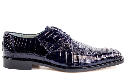 Introducing the Belvedere - Chapo, a genuine Hornback Caiman leather dress shoe in navy. This exquisite men's dress shoe features a polished crocodile pattern, low heel, and lace-up design, meticulously crafted by BELVEDERE to offer an elegant finish.