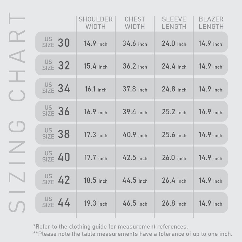 Detailed size guide for the EJ Samuel Lime Solid Chino Blazer CHJ01, including information on sizes 34 to 56. Measurements provided cover back length, shoulder, chest, waist, bottom, armhole, sleeve opening, and sleeve dimensions.