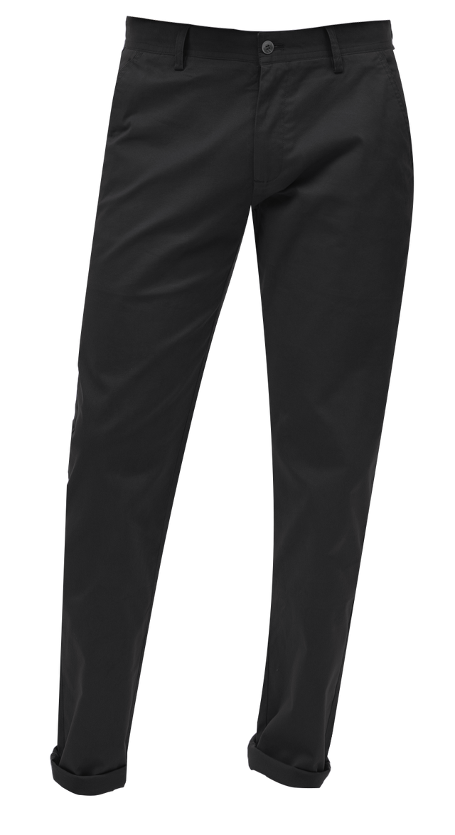 The EJ Samuel Black Chino Long Pants CHL01 by EJ SAMUEL are men's black chinos, designed with a button and zipper closure, belt loops, and two front pockets.