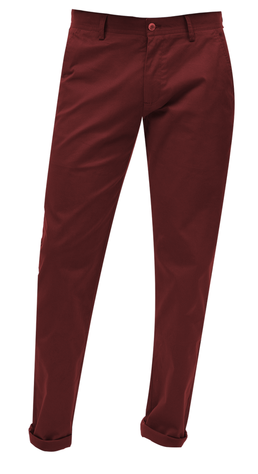 A dynamic pair of EJ Samuel Burgundy Chino Long Pants CHL01 from the esteemed brand EJ SAMUEL, featuring a button and zipper closure, elegantly presented against a pristine white backdrop.