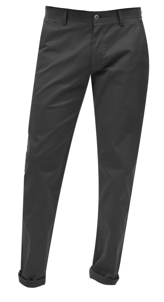 Illustration of EJ Samuel Charcoal Chino Long Pants CHL01 featuring measurement lines and labels for waist width, hip width, thigh, and pant length.