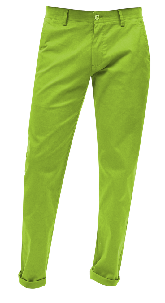 The EJ Samuel Lime Chino Long Pants CHL01 from the brand EJ SAMUEL are bright green men's pants with a button and zipper closure, complete with belt loops and cuffed hems.