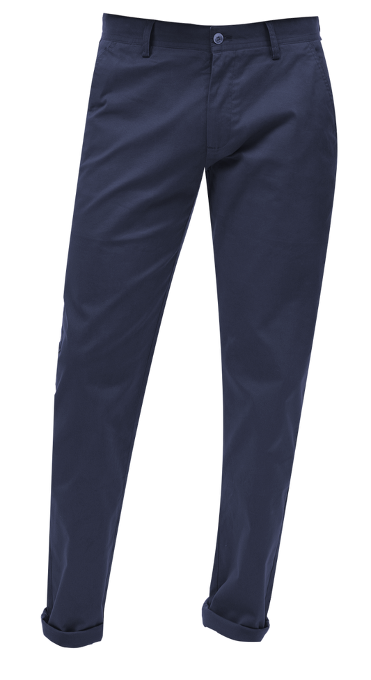 EJ SAMUEL's Mid Night Chino Long Pants CHL01 come in a dark blue shade, complete with a button and zipper closure, belt loops, and stylish rolled-up cuffs.