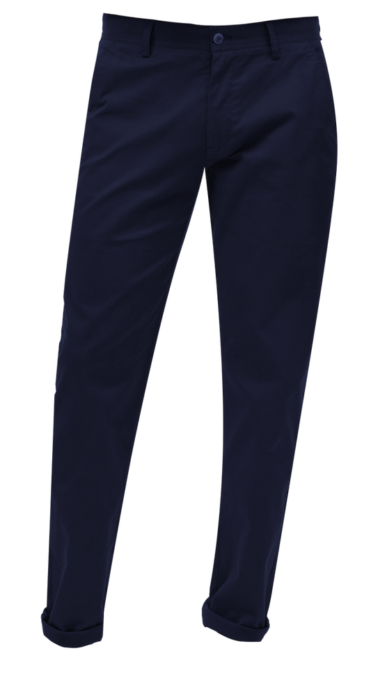 EJ Samuel Navy Chino Long Pants CHL01 feature a button and zip closure, straight legs, and rolled-up cuffs.