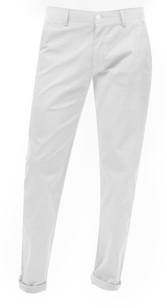 Diagram of EJ SAMUEL's EJ Samuel White Chino Long Pants CHL01 with labeled measurements: waist width, hip width, thigh, and pant length.