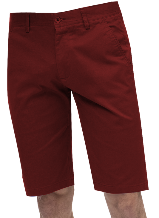 The EJ Samuel Burgundy Chino Short Pants CHS01 are knee-length men's chino shorts featuring front pockets and a button closure, making them ideal for those who appreciate the nuances of men's fashion.