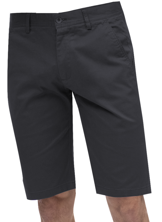 A person wearing EJ Samuel Charcoal Chino Short Pants CHS01, featuring side pockets and a button closure.