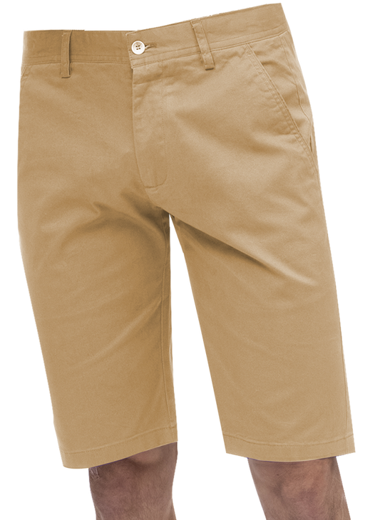 A person wearing EJ Samuel Khaki Chino Short Pants CHS01 by EJ SAMUEL, featuring a button and zipper front.