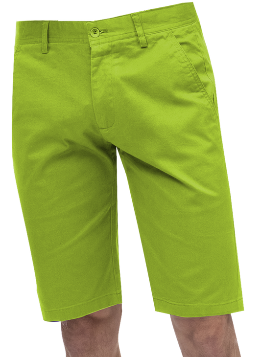 The EJ Samuel Lime Chino Short Pants CHS01, a vibrant example of men's fashion from EJ SAMUEL, are captured from the waist down. These stylish shorts boast practical pockets and a secure button closure.