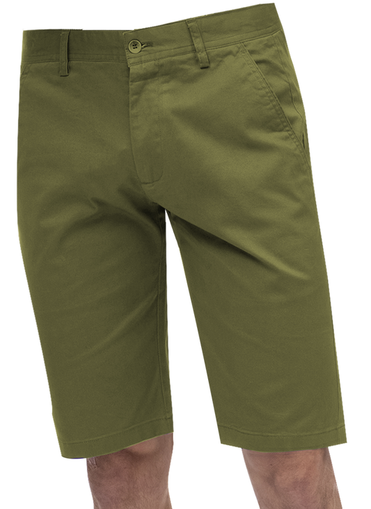 Wearing a fashionable look, this person has on the EJ Samuel Olive Chino Short Pants CHS01 by EJ SAMUEL. These knee-length shorts boast convenient front pockets and a button closure, making them ideal for any casual outing.