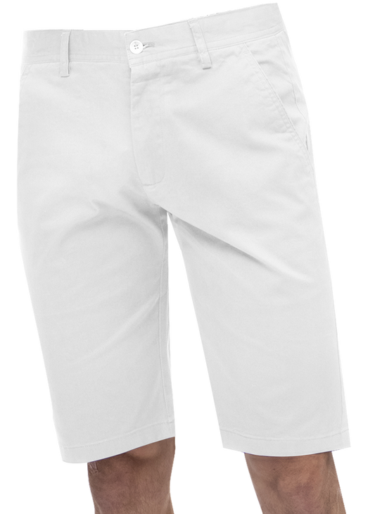 A person wears the EJ Samuel White Chino Short Pants CHS01 by EJ SAMUEL, featuring a knee-length design with front pockets and a button closure.