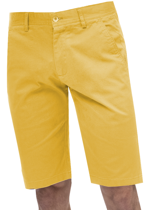 An individual confidently stands against a white backdrop wearing the EJ Samuel Yellow Chino Short Pants CHS01, featuring stylish side and back pockets.